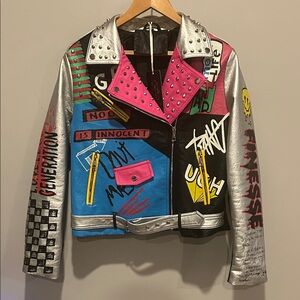 NWT Bellivera faux leather jacket with vibrant, bold colors and graphics!